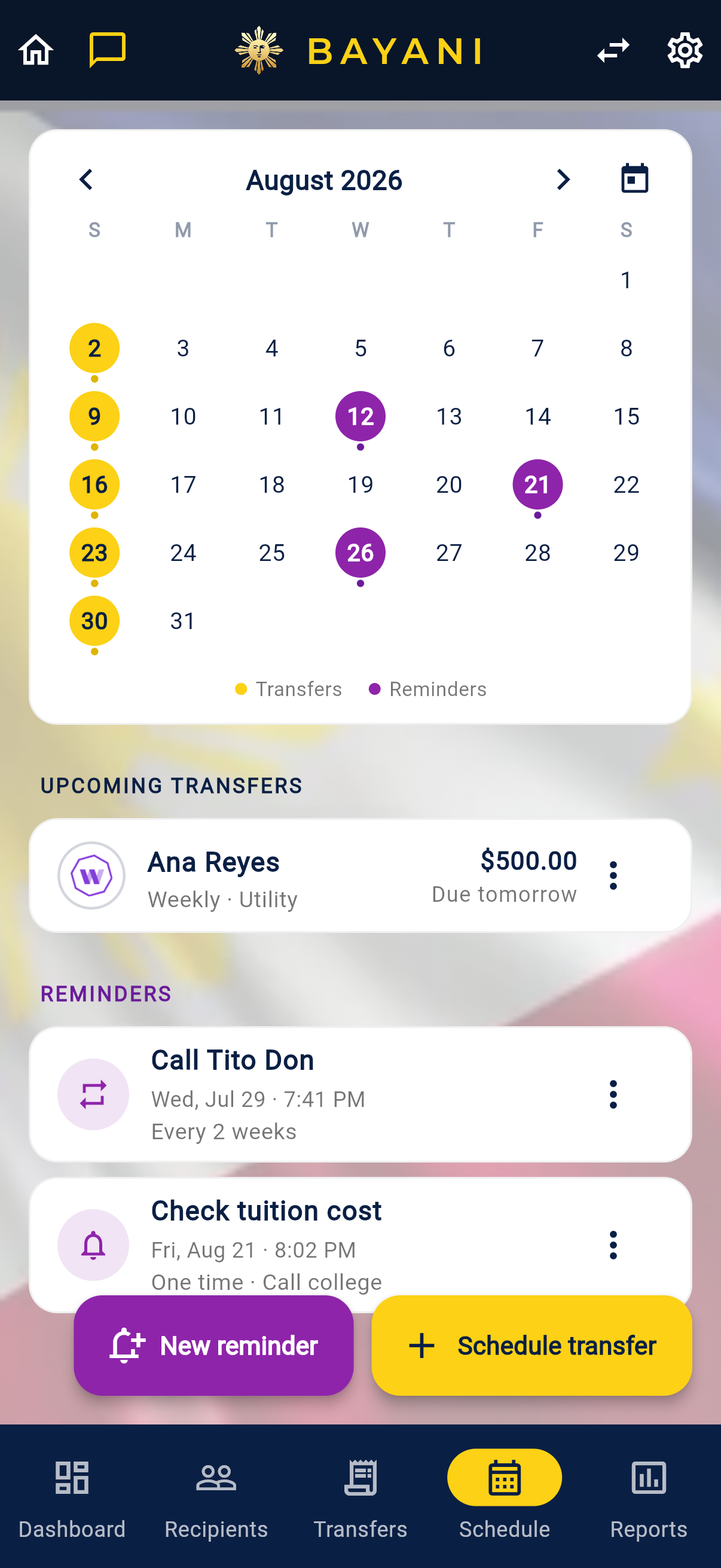 Schedule and reminders